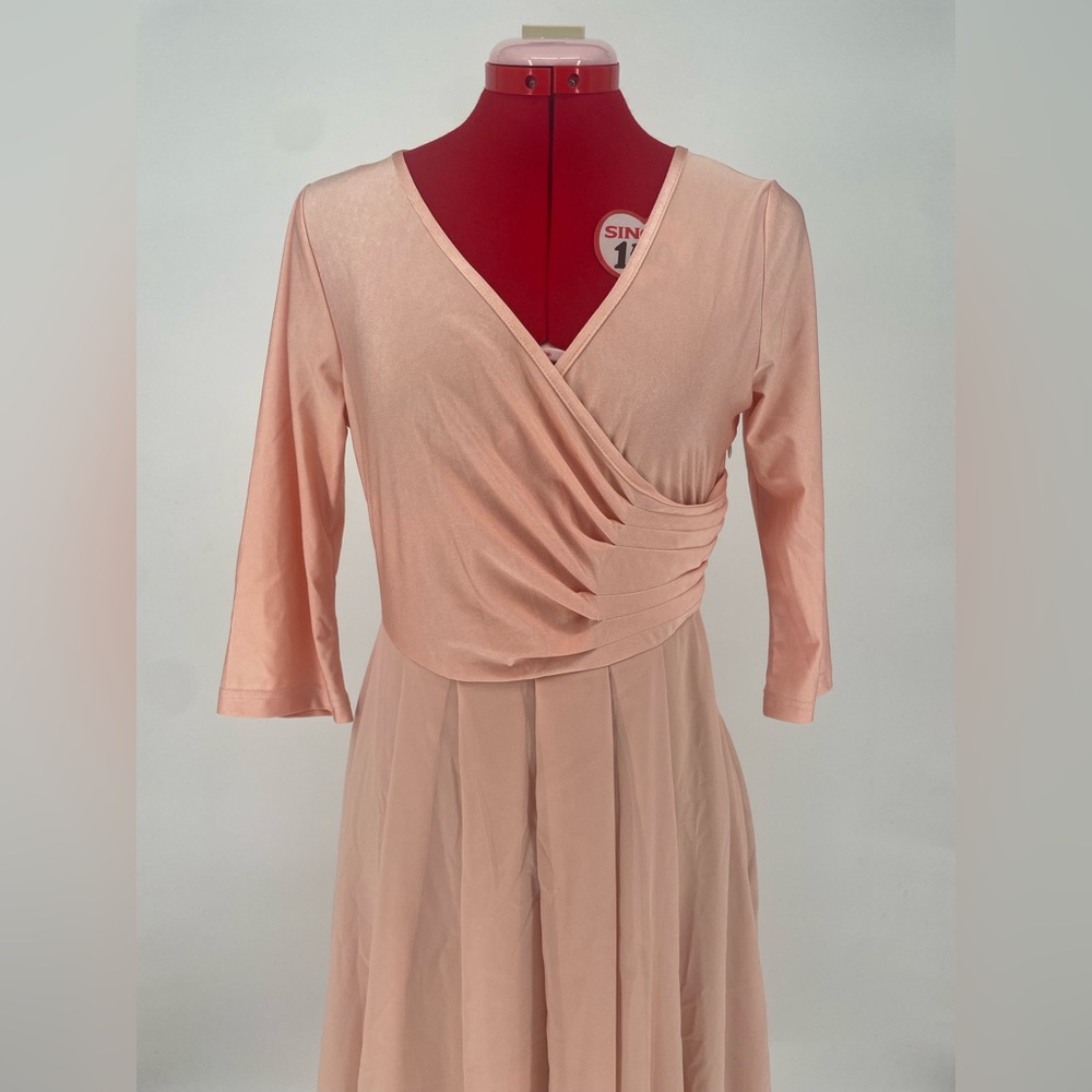 2FOR$30 Adorable Peach Nude Faux Wrap 3/4 Sleeve Midi Dress - Picture 2 of 13